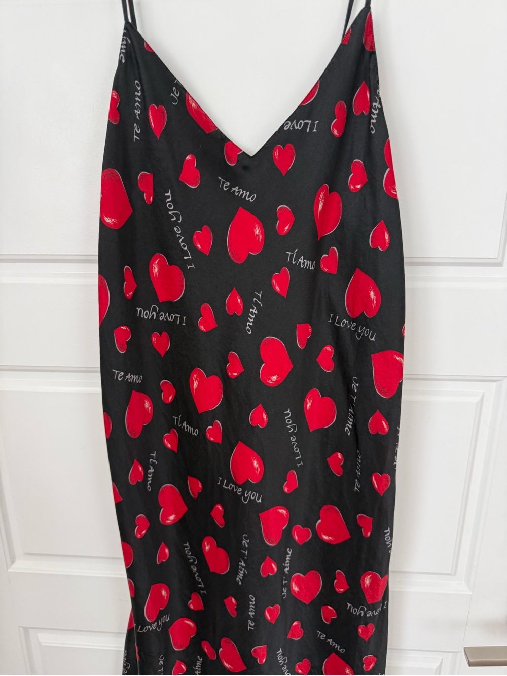 Vintage Women’s Black Slip Mini Dress with Red Heart Print